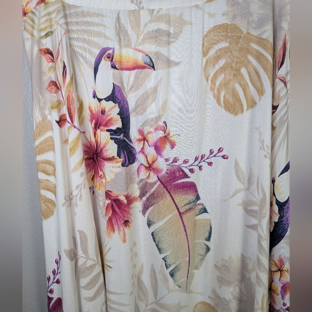 Z & L Cream Multi Tropical Leaf Floral Toucan Bird Tassel Hi-Lo Skirt Womens M - Picture 8 of 9